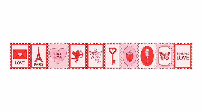 Strip of pink and red postage stamps featuring love, hearts, Eiffel Tower and travel icons for romantic design and scrapbooking.