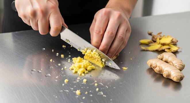 Chef finely chopping fresh ginger root on a stainless steel kitchen counter.