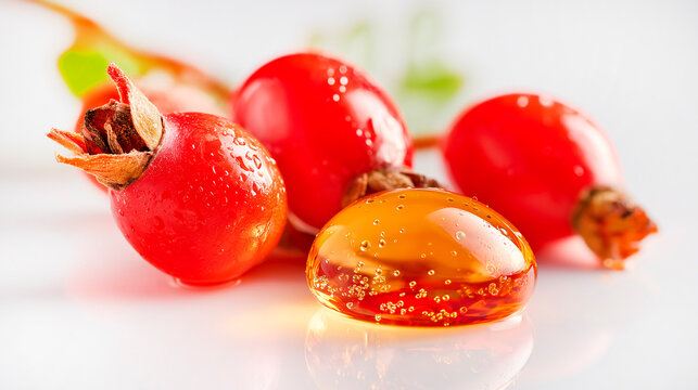 Fresh red rosehip berries with water droplets and a golden cosmetic oil drop on a clean white background, herbal medicine concept.