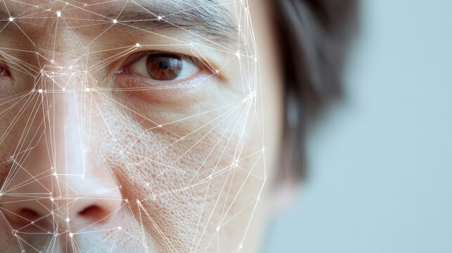 A close-up image of a young man's face with a digital grid overlay applied for facial recognition