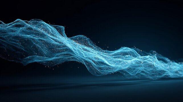 The abstract digital wave pattern is formed by glowing binary code in deep blue
