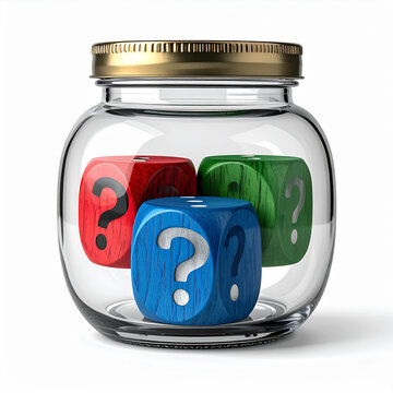 Tarro de cristal transparente con dados de colores dentro con signos de interrogaci&oacute;n sobre fondo neutro, imagen concepto de azar, probabilidad, inversi&oacute;n, estrategia, probabilidad y futuro