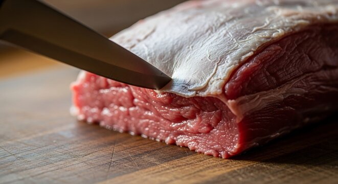 Close-up shot of a raw beef roast being sliced on a wooden cutting board.