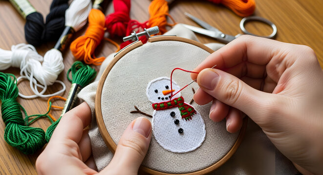 hands embroidering a snowman on a piece of fabric with a hoop close up detail view natural lighting