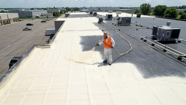 aerial view of roofing contractor applying foam insulation video