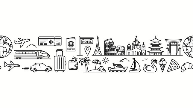 Global travel icon set in seamless line art depicting planes, trains, luggage, maps, ships and landmarks in a cohesive collage.