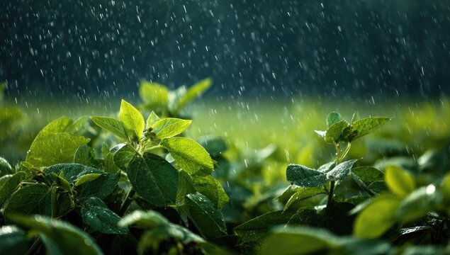 Lush green plants thrive under a refreshing downpour, glistening with bright raindrops