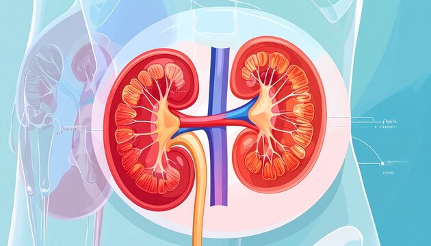   
Detailed anatomical illustration of human kidneys, renal arteries and veins, cortex and medulla visible, faint torso outline background, symbolizing anatomy, physiology, and medical education.
