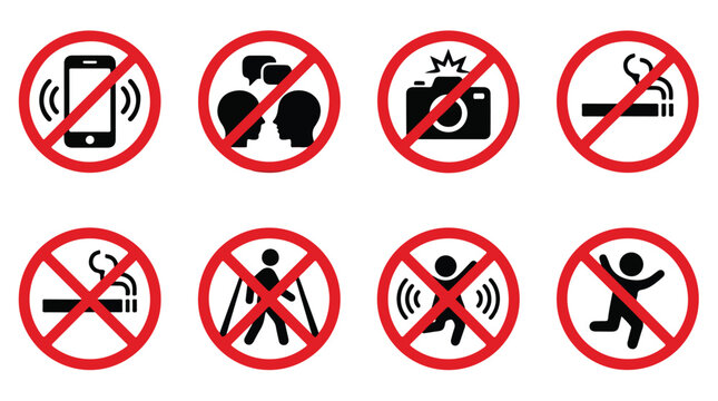 Collection of prohibition signs including no phone, no talking, no flash photography, no smoking, no entry, and no