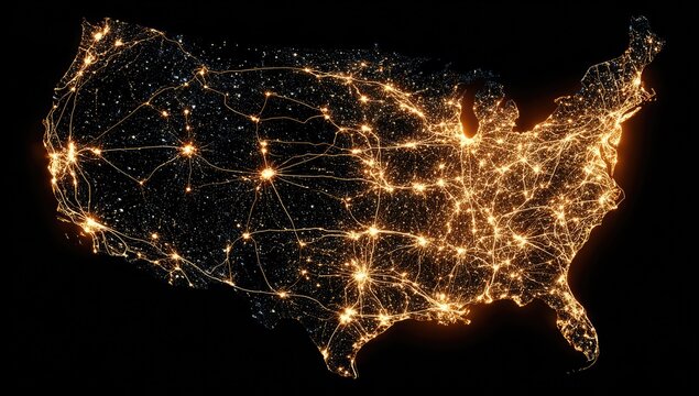 USA map at night, bright city lights illuminate population centers and connections