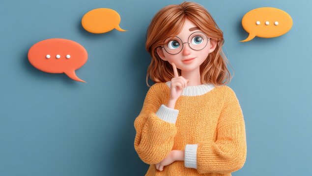 A young girl wearing glasses contemplates, with colorful speech bubbles above her head, embodying ideas, communication, and imagination, as she looks up with a smile