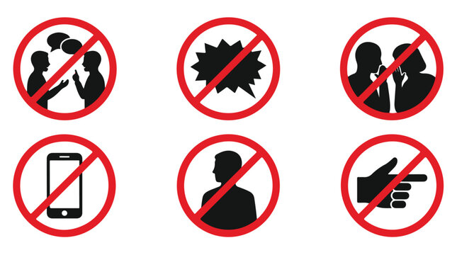 Collection of six prohibition signs indicating no talking, no shouting, no gossip, no phones, no standing, and no
