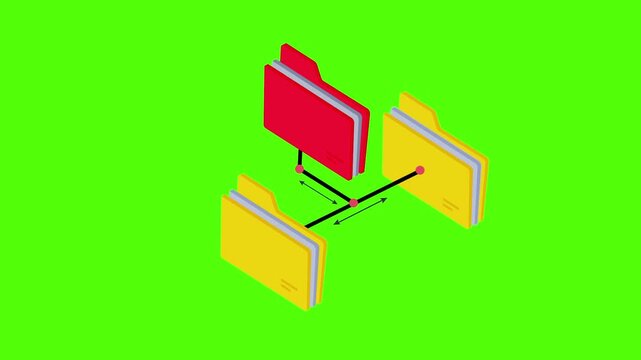 Isometric file folders connected by arrows data transfer on green screen for chroma key 4k animation video