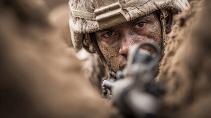 Naklejka premium Determined soldier covered in mud aiming a rifle through dense terrain with intense focus during a military operation in challenging conditions