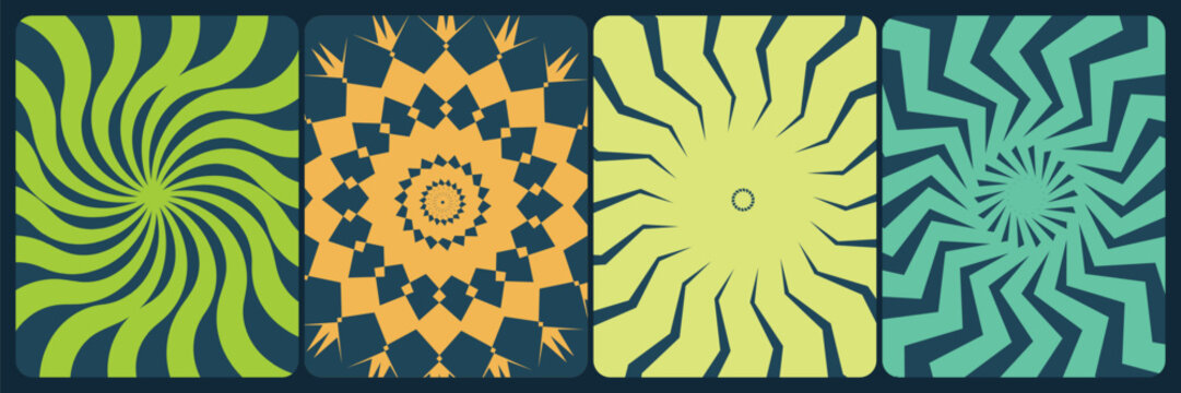 Vibrant abstract art a quartet of spiraling colorful panels with dynamic optical illusions and geometric patterns