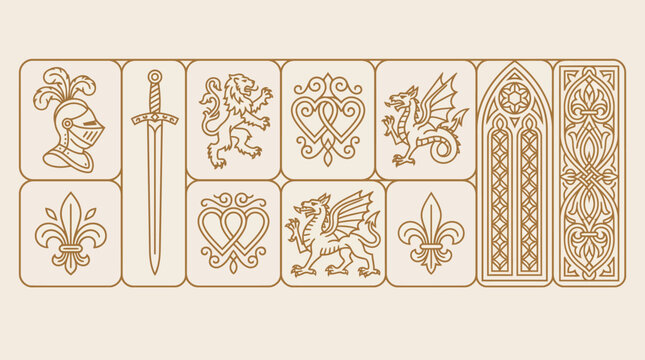 Decorative medieval heraldic tile collection featuring fleur-de-lis, shields, lions, crosses, floral motifs and Gothic arches on parchment beige background