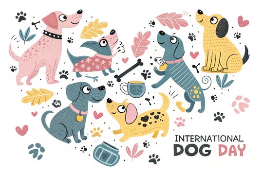 This charming and vibrant illustration beautifully captures the spirit of international dog day, showcasing a diverse group of adorable cartoon dogs in a heart-shaped arrangement, each with unique fea