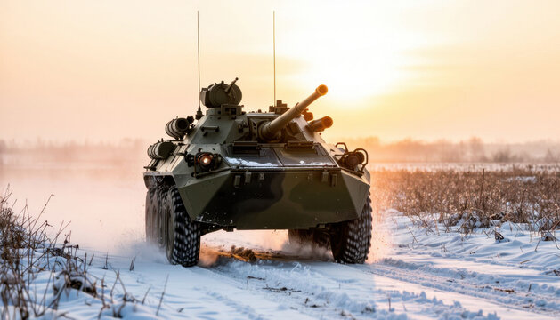 A military tank drives through a snowy landscape at sunset. The tank's tracks disturb the white snow as the sun sets behind the horizon.
