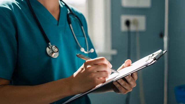 Healthcare professional in scrubs taking notes on a clipboard in a hospital setting for medical documentation and patient care