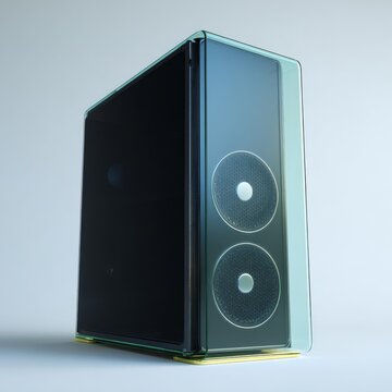 Silver, modern computer tower case with glowing internal cooling tubes
