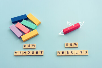 Obraz premium image of wooden cubes with the text new mindset and results. Success or personal development concept