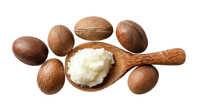 Shea butter in a wooden spoon with raw shea nuts, on a transparent background