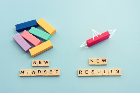 image of wooden cubes with the text new mindset and results. Success or personal development concept