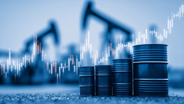 Blue oil drums are arranged in front of pumpjacks, while a financial chart overlays the scene, displaying candlestick patterns of trading