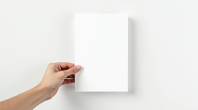 Maqueta de una mano sosteniendo una hoja de papel A4 en blanco, &aacute;ngulo recto, fondo blanco limpio