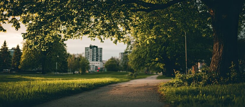 Golden hour sun illuminates a winding park path through vibrant trees toward city skyline