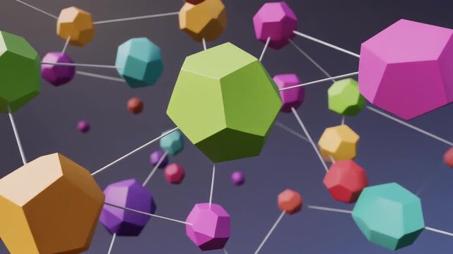"Colorful polyhedral shapes connected by thin lines, abstract molecular network structure on dark gradient background"