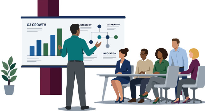 Creative team brainstorming with sticky notes on board