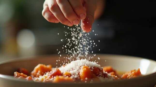 Mano esparciendo sal sobre la comida, toma de acci&oacute;n, poca profundidad de campo