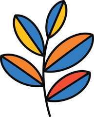 Fototapeta premium A stylized plant sprig with vibrant bicolored leaves in blue orange and yellow.