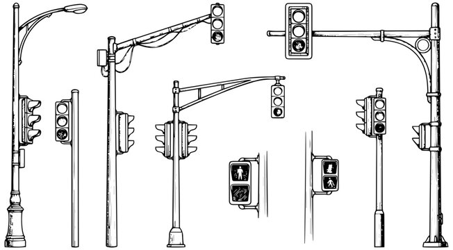 A collection of hand-drawn street elements featuring various traffic lights, pedestrian signals, and lamp posts in a detailed sketch style.