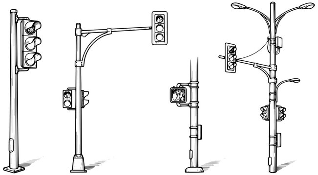 Hand drawn collection of various urban street lights and traffic signals with pedestrian crossings on their poles.