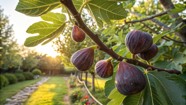 Ripe figs hanging on a tree in a garden during sunset with trees and grass in the background