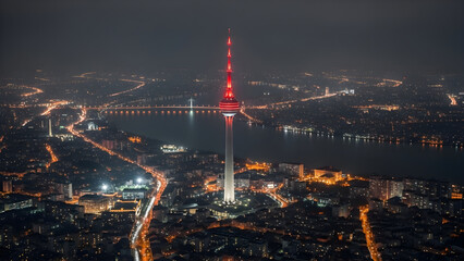Naklejka premium Aerial nighttime view of Tokyo cityscape with Tokyo Tower lit up brightly standing tall amidst urban sprawl and waterway