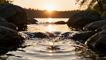 Obraz premium The sun sets over a calm lake, creating ripples in the water near smooth stones. The reflection of the sun glimmers on the water, enhancing the serene atmosphere.