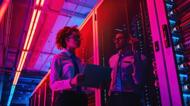 Two It Professionals Working in Modern Data Center with Servers and Neon Lighting