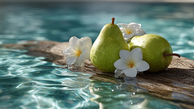 Floating Pears and Flowers on Blue Water / 青い水面に浮かぶ梨と花