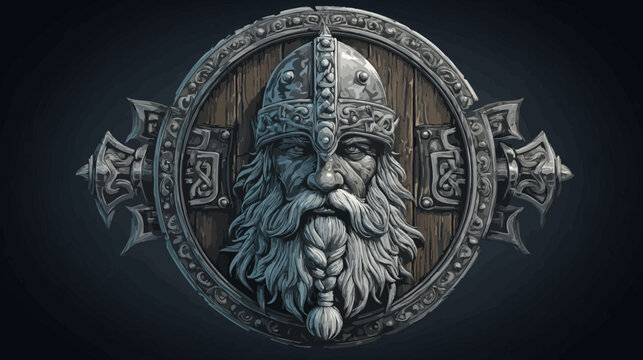Artistic depiction of a stoic, bearded warrior head with helmet. Framed in ornate, metallic shield