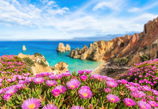 Wildflowers overlooking Praia do Camilo with turquoise sea and golden cliffs in Algarve, Portugal