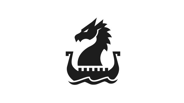 A stylized black illustration of a dragon emerging from a boat over waves on a white background