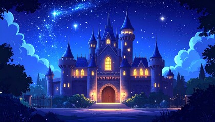 Obraz premium A charming cartoon castle at night under a star-filled sky, with glowing windows