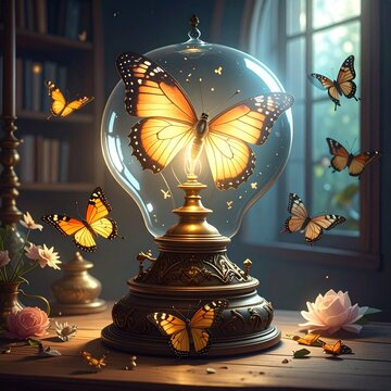 butterfly perched on the lamp