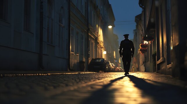 Polizist auf n&auml;chtlicher Streife in ruhiger Altstadtgasse