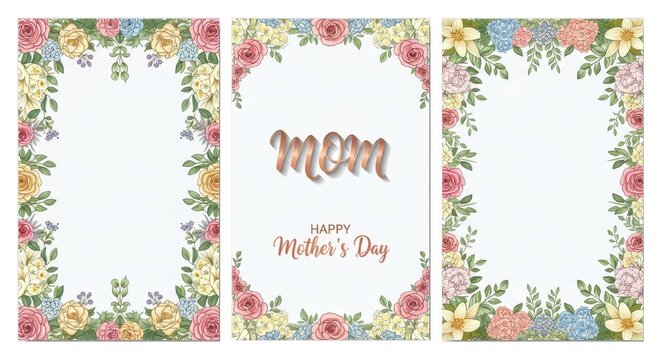 Floral wreath frame with "mom" script and "happy mother's day" greeting in pastel colors flowers border