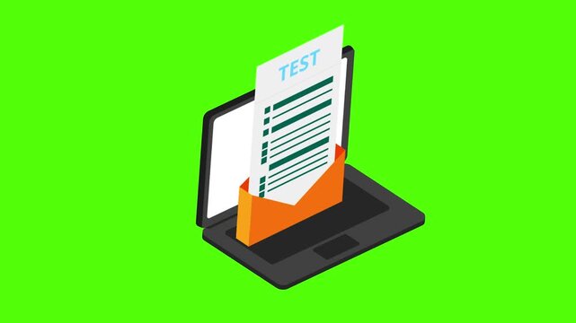 Isometric laptop with test document and envelope on green screen for chroma key 4k animation video
