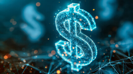 Obraz premium Digital glowing dollar sign symbol composed of interconnected lines and dots representing futuristic financial technology and virtual currency concepts in a dark bac